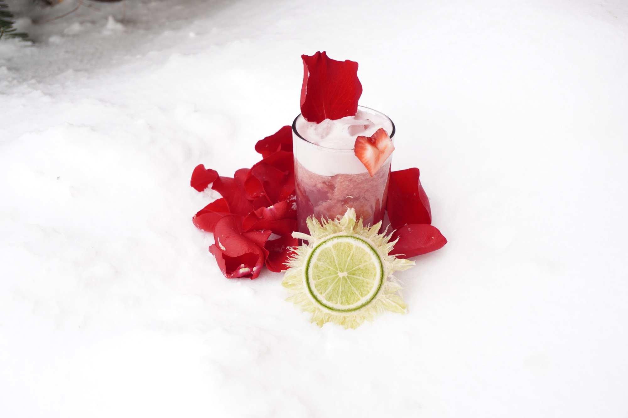 Editorial cocktail photography — rose petals in snow